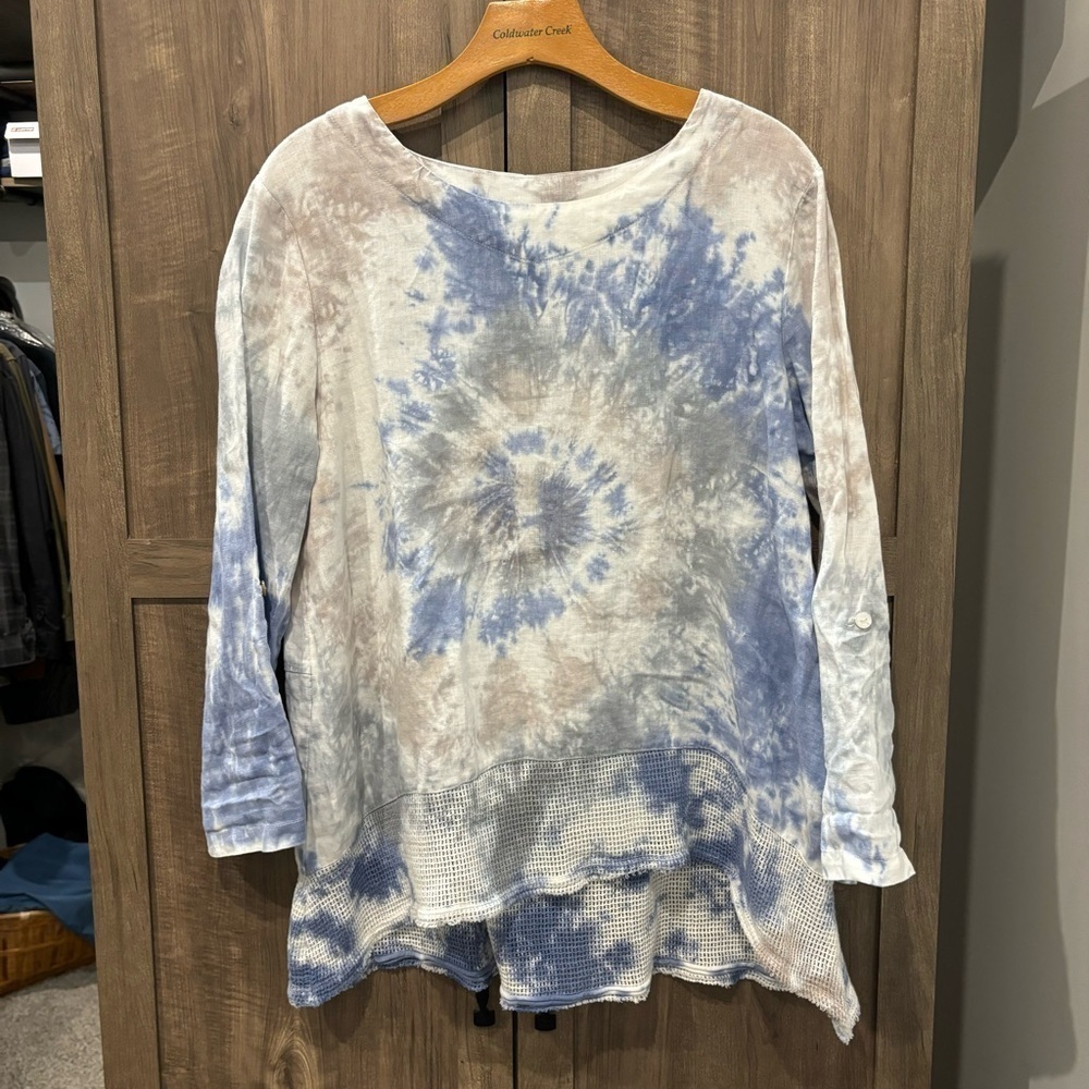Ali Miles Large Top Linen‎ Tie Dye Tunic Blouse Shirt Roll Tab Sleeves